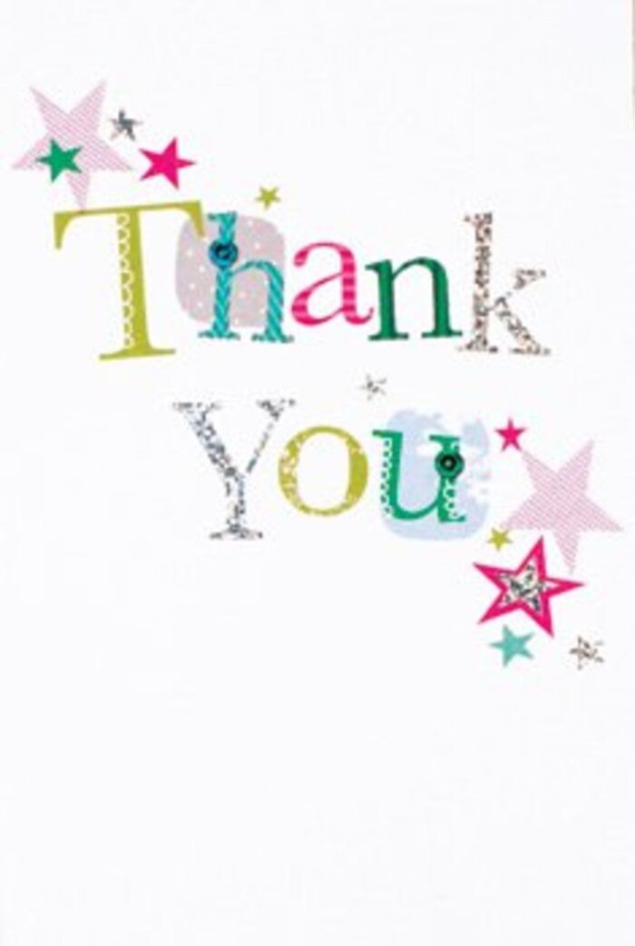 Grace and exuberance merge in this thank you card, its design echoing the gentle sophistication of Northwood living. Carefully arranged letters create the central message, each character blending whimsical curves, dotted textures, and flowing stitches in a cascade of vibrant shades-some blushing with rosy pinks, others carrying the cool of midnight blue or the gleam of silver. Radiant stars gather nearby, their flickers of turquoise and stripes of sparkling pink reminiscent of lantern light during local Northwood evenings. The background remains a pristine white, emphasizing both the lighthearted composition and a sense of space, much like the open gardens and airy homes in the area. There's a chorus of moods here-some letters seem almost musical, others quietly playful-striking a balance that is neither too formal nor overly casual, akin to the inviting ambiance of Northwood's favourite coffee shops. The card's understated finesse makes it suitable for any expression of thanks, perfectly accompanying a fresh arrangement for delivery within Northwood. It promises a gesture as uplifting as a spring bouquet after a brisk walk in Northwood's leafy avenues-a memory of gratitude as lasting as the flowers that inspired it.